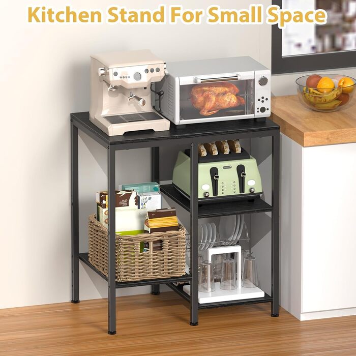 Металевий стелаж для мікрохвильової печі, 4 яруси, регульований, багатофункціональний, чорний. Підходить для кавокухні та вітальні.