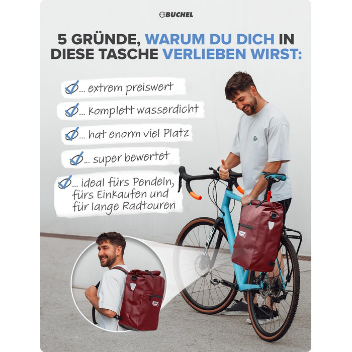 Кофр Bchel 3в1 для багажника, може використовуватися як рюкзак, сумка через плече або сумка-кофр Велосипедна сумка водонепроникна та світловідбиваюча з об'ємом 22 л і протиковзким дном (Merlot)