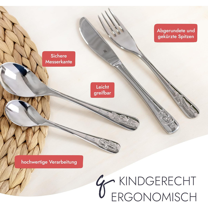 Дитячий столовий прилад WMF Safari з гравіюванням імені - індивідуальний столовий прилад WMF з гравіюванням, персоналізований подарунок - хрещення, персоналізовані ідеї подарунків для дівчаток та хлопчиків - дитячий набір столових приладів на 4 особи