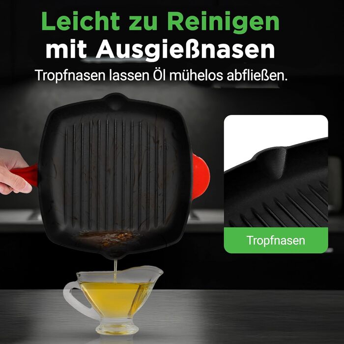 Сковорода-гриль NutriChef 30x43 см з чавуну з антипригарним покриттям, для стейків, з насадками для збору жиру, ідеальна для хрусткої обсмажки