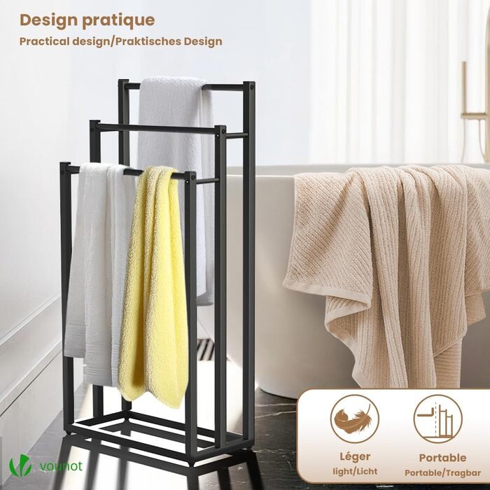 Підставка для рушників VOUNOT® на підлозі, металева, 3 стійки, чорна, 3 рівні