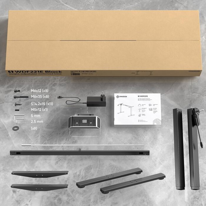 Електричний регульований стіл ONKRON WDF221E-B: чорне металеве підстав'я, для стільниць 120-170 см, до 70 кг