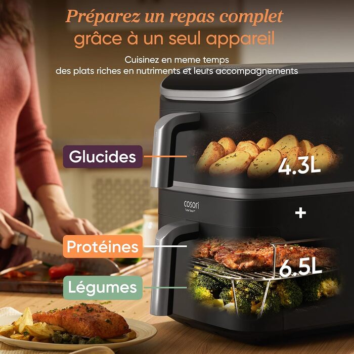 Фритюрниця без олії COSORI Turbo Tower 10.8 л з 2 відсіками, 6-в-1, компактна, для дому