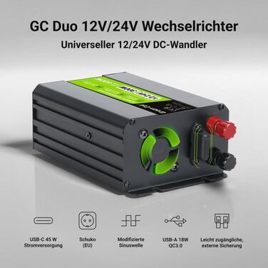 Інверторний перетворювач напруги Green Cell Duo 12 В/24 В на 230 В 300 Вт/600 Вт модифікована синусоїда