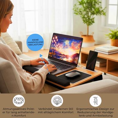 Підставка для ноутбука в ліжко та диван – з подушкою, тримачем для телефону та підкладкою для зап'ястя – підходить для ноутбуків до 17' – легка та комфортна для офісу, навчання та відпочинку (Сірий, Чорний)