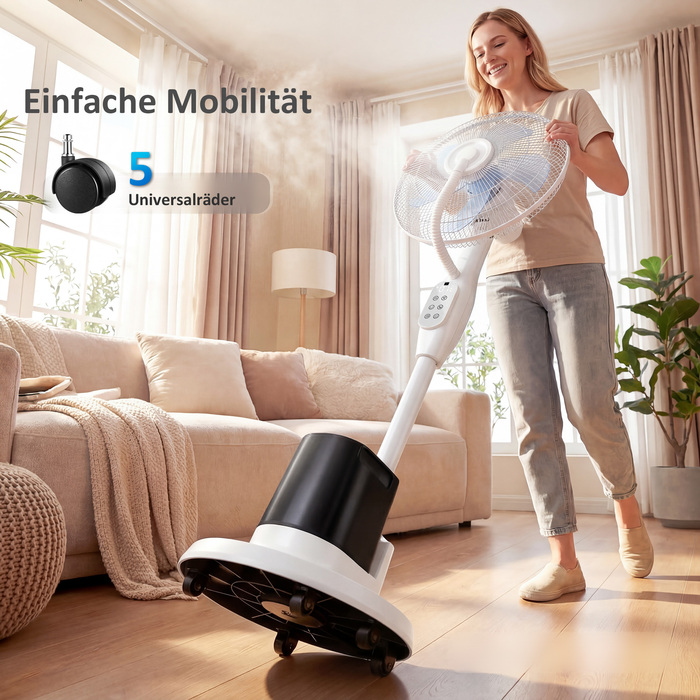 Підлоговий вентилятор з функцією зволоження, осциляція 70°, 3 швидкості, 3 режими, резервуар для води 3,5 л, білий