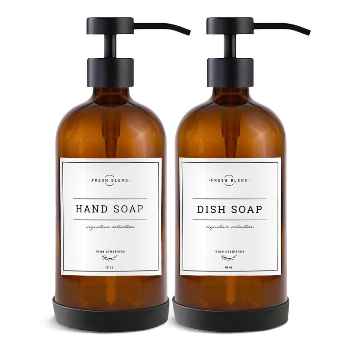 Набір дозаторів для мила на кухню та у ванну кімнату, 2 шт. з нержавіючою сталею, скляні флакони 475 мл, з водонепроникними етикетками