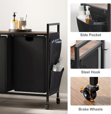 WOWLIVE Подвійний кошик для білизни з кришкою, на коліщатках, з металу, сортувальник для білизни з верхньою полицею та 2 знімними мішками, велике зберігання одягу для кімнати (110л, чорний)