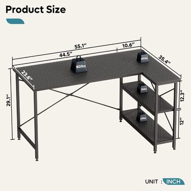 Комп'ютерний стіл Bestier L-подібний з полицями, 140см, двосторонній, для домашнього офісу, вуглецеве волокно