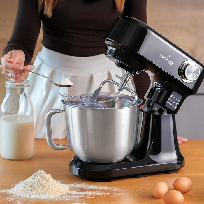 Кухонна машина Lehmann - планетарний міксер з набором аксесуарів - 3 насадки, захист від бризок, 5л чаша, 12 швидкостей, захист від перегріву, неслизька, чорний
