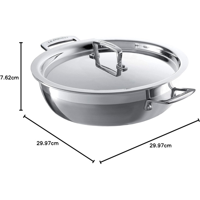 Сковорода Le Creuset з кришкою, 30 см, нержавіюча сталь, для всіх типів плит (індукція, духовка), срібна