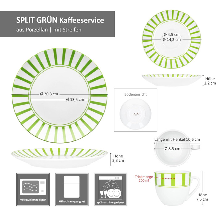 MamboCat Комплект посуду для кави та сніданку 18 предметів, зелений, для 6 осіб | Кавовий сервіз з порцеляни з смужками, 6 чашок 200мл, 6 підставок, 6 тарілок