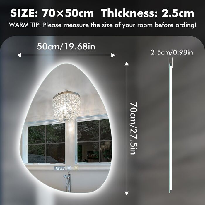 Круглий дзеркало для ванної кімнати з підсвічуванням, 60 см, антизапар, LED, Bluetooth, сенсорне управління, 3000K-4000K-6500K, регулювання яскравості, HD-загартоване скло, дзеркало для ванної кімнати з підсвічуванням (500x700 мм, краплеподібної форми)