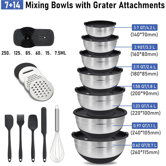 Набір міксерів BEWOS 7 шт. з кришкою, нержавіюча сталь, різні розміри, з терткою, антиковзаюче дно, чорний