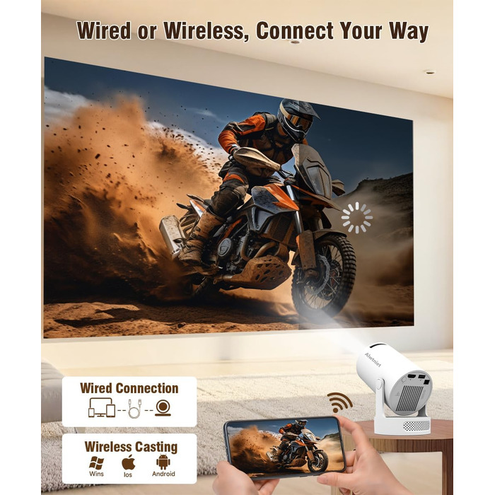 Міні проектор Alwtniet 4K з Wi-Fi 6, Bluetooth 5.4, 5W динаміком, автоматичною корекцією трапецеїдальних спотворень, поворотним на 180°, портативний для дому та вулиці (Android 11)