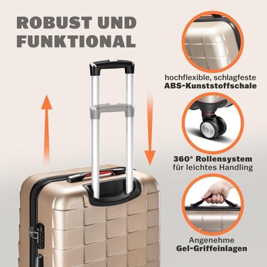 Набір валіз Monzana® 3шт Exopack з TSA замком, жорсткий корпус, M-L-XL, гелеві ручки, 4 колеса, підставка, ручний багаж, валіза для подорожей, колір шампань