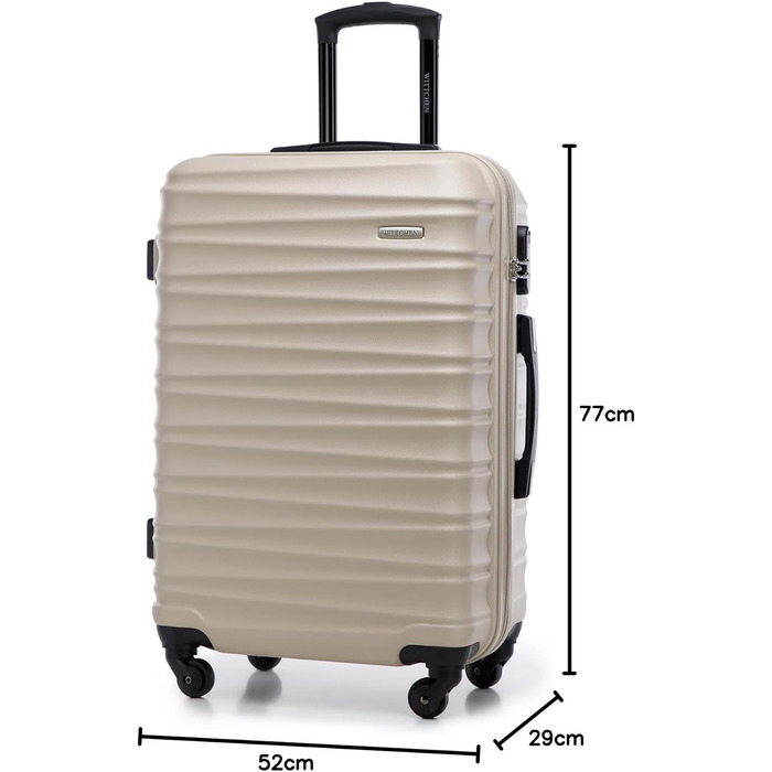 Набір валізWITTCHEN 3в1: велика, середня, маленька. Жорсткий корпус ABS, 4 колеса, кодовий замок. Підходить для Lufthansa, Eurowings, Ryanair, Condor. Бежевий колір.