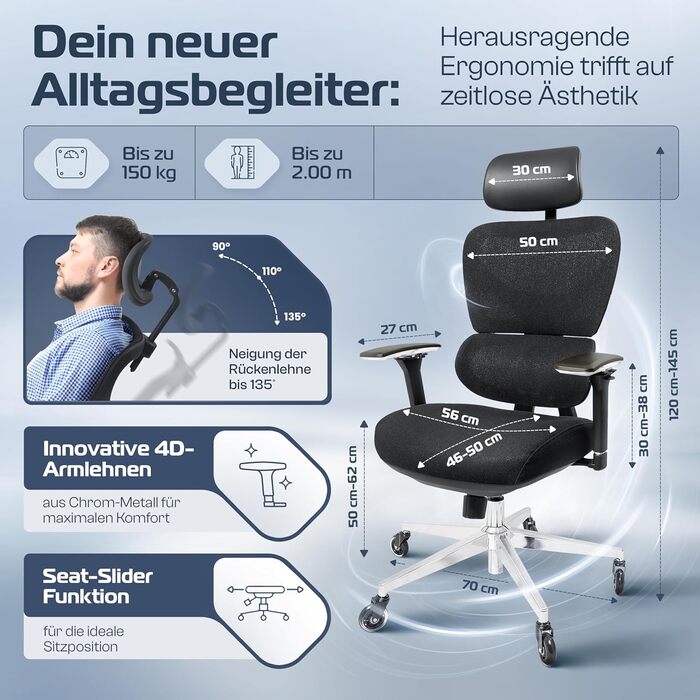 Ергономічне крісло для офісу CLOUVOU ProSeat, регульоване, до 150 кг, чорне – офісний та ігровий комп'ютерний стілець, тестовий переможець