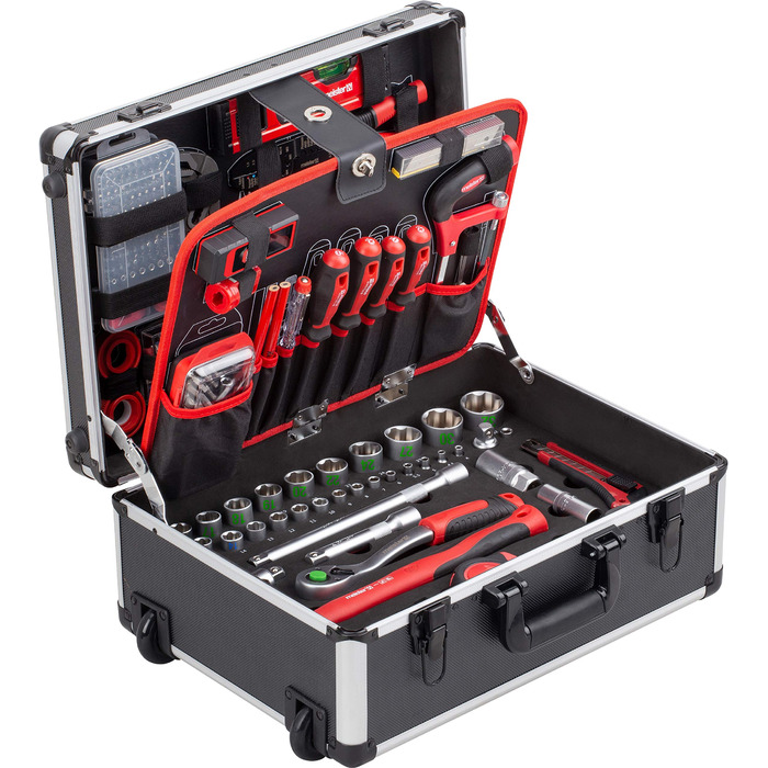 Набір інструментів Meister 156 предметів у візку на колесах з телескопічною ручкою - професійний кейс для інструментів, чорно-срібний, 8971440