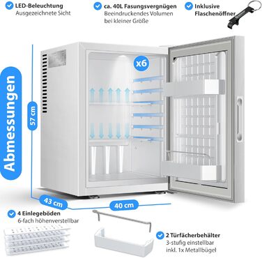 Міні-холодильник KESSER® 40L з дверцятами зі скла: ідеальний для кемпінгу, офісу, спальні, готелю, кухні. Безшумний, з можливістю зміни дверцят, внутрішнім освітленням та відкривачем для пляшок. Білий.