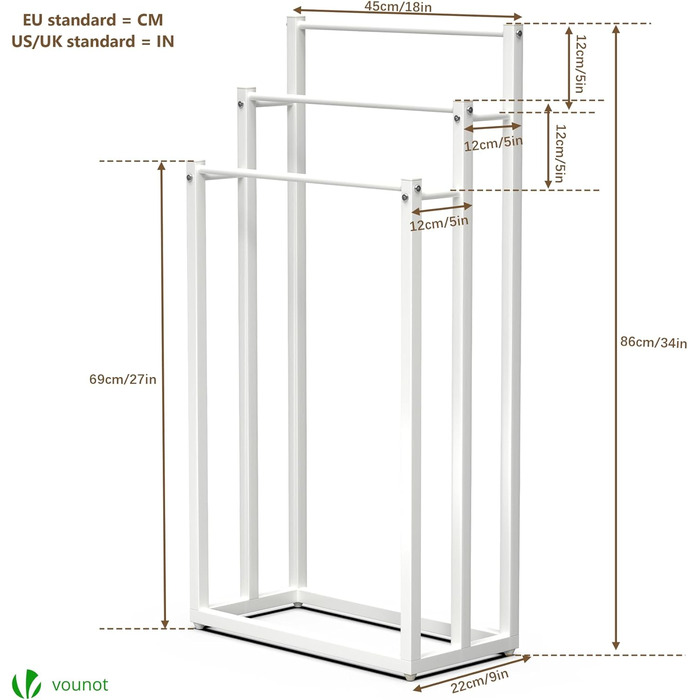 Підставка для рушників VOUNOT® на підлозі, металева, 3 стійки, чорна, для ванної кімнати, стабільна, економна