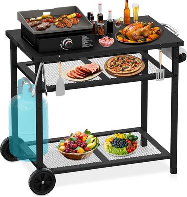 Гриль-вогнівку з грилем та піч для піци на коліщатках - стіл для гриля та піци для вулиці з двома сітчастими полицями для дому, вечірки, кемпінгу