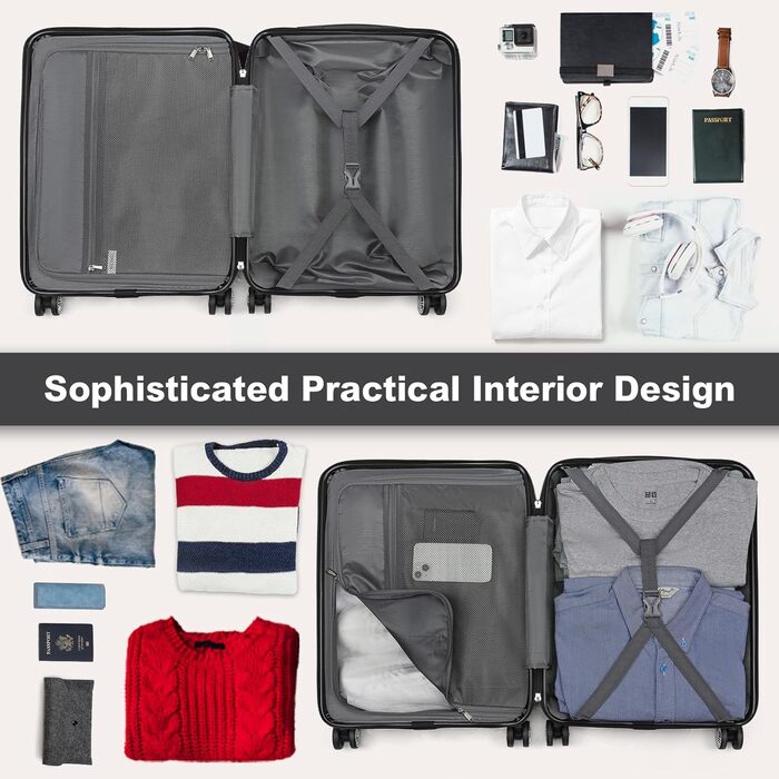 Чемодан KONO Handgepäck Trolley, 55x39x20 см, 37 л, з розширенням, TSA-замок, 4 колеса, чорний