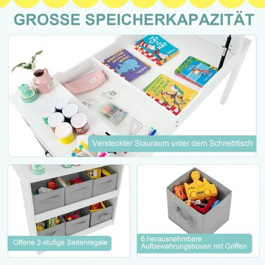 Дитячий стіл DREAMADE 3 в 1 з 2 стільцями, з відкидною кришкою та 2 тканинними ящиками, дитяча меблі для малювання та ігор, з місцем для зберігання (7 відділень), колір білий