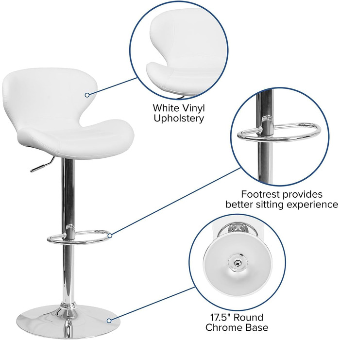 Барний стілець Flash Furniture Denville з тканини, регульований по висоті, з вигнутою спинкою та хромованою основою, 2 шт. (Біле вінілове сидіння)