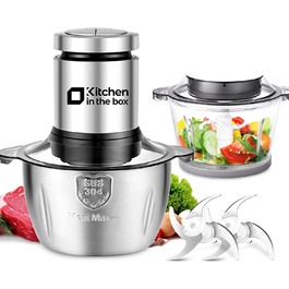 Електричний подрібнювач для кухні Kitchen in the Box 400W з 2 чашами (2L+2L) та двосторонніми лезами з нержавіючої сталі. Подрібнювач для м'яса, овочів, цибулі, фруктів срібного кольору.