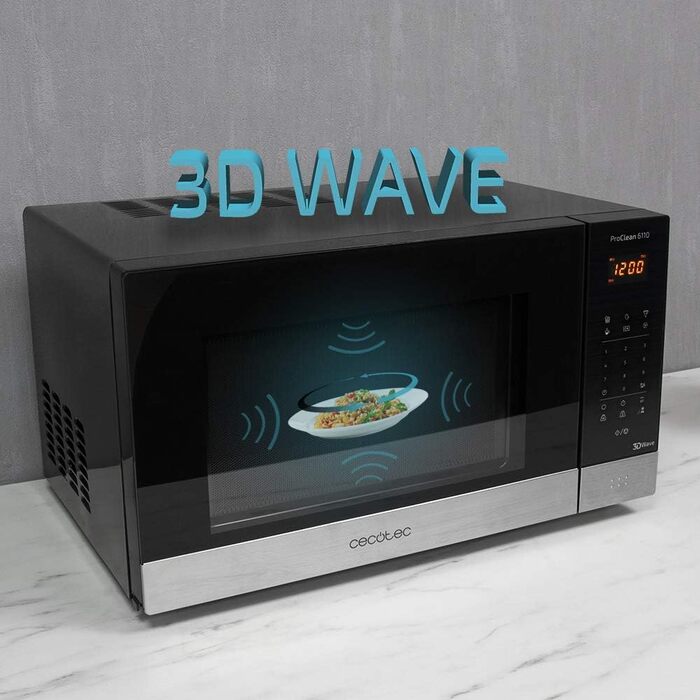 Мікрохвильова піч Cecotec Pro Clean 6110, 23 л, 800 Вт, гриль 1000 Вт, 8 програм, Ready 2 Clean, 3D Wave, чорна/срібляста нержавійка