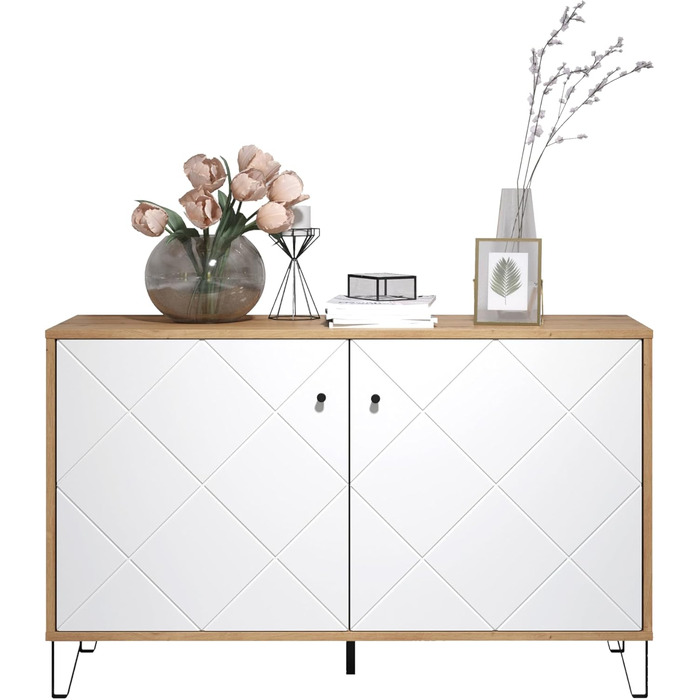 Тумба Trendteam Smart Living Touch Artisan Eiche/Weiß з 2 дверцятами та 4 відділеннями (123 x 76 x 40 см) - житловий шафчик з металевими ніжками