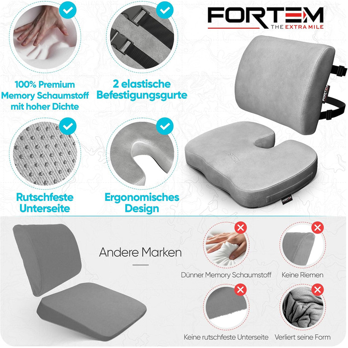 Подушка для сидіння та попереку FORTEM XL: комфорт для офісного крісла, авто, геймінгу. М'яка спинка з memory foam, антиковзаюча підставка для попереку. Велика сіра велюрова підставка для сидіння.