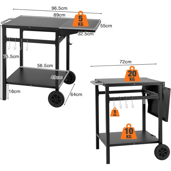 Стіл для грилю GIANTEX з відкидною робочою поверхнею, на коліщатках, з 2 полицями та 4 гачками, металевий, чорний