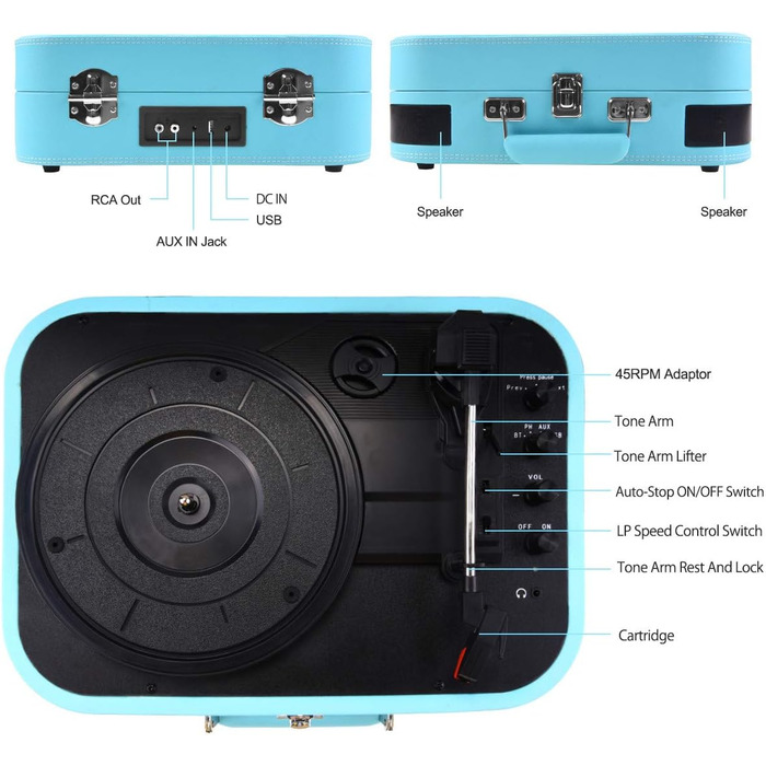 Вініловий програвач з Bluetooth 5.4, вбудованими динаміками, USB, RCA/AUX, переносний у ретро-стилі, 33/45/78 об/хв, синій