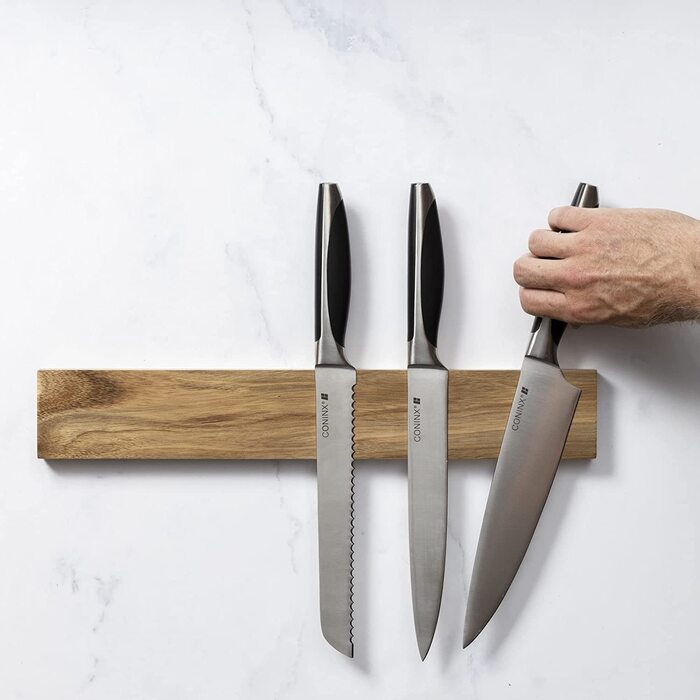 Магнітна стійка/тримач для ножів Coninx з дерева акації для настінного кріплення, 40 см, для організованої та охайної кухні, магнітна стрічка/штанга для ножів