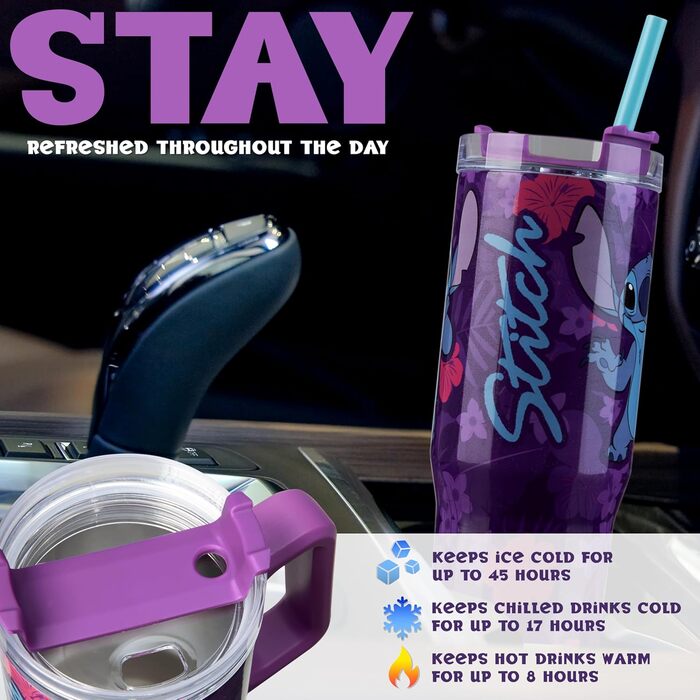 Термокружка Disney Stitch об'ємом 940 мл з ручкою, кришкою та трубочкою, двостінна ізольована, підтримує 17 годин холодну температуру, 8 годин теплу та 45 годин замороженість