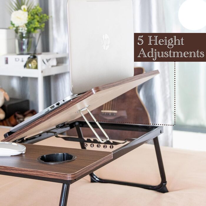 Столик для ноутбука з регульованими ніжками та підстаканником, підставка для читання, піднос для сніданку на диван, ліжко, терасу, балкон (Білий, Коричневий)