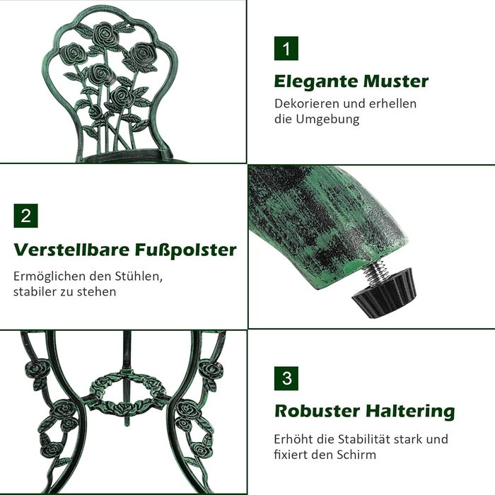 COSTWAY Bistroset: стіл та 2 стільці для саду, балкону, тераси. Алюмінієвий та чавунний комплект меблів білого кольору (Blume, Bronze)