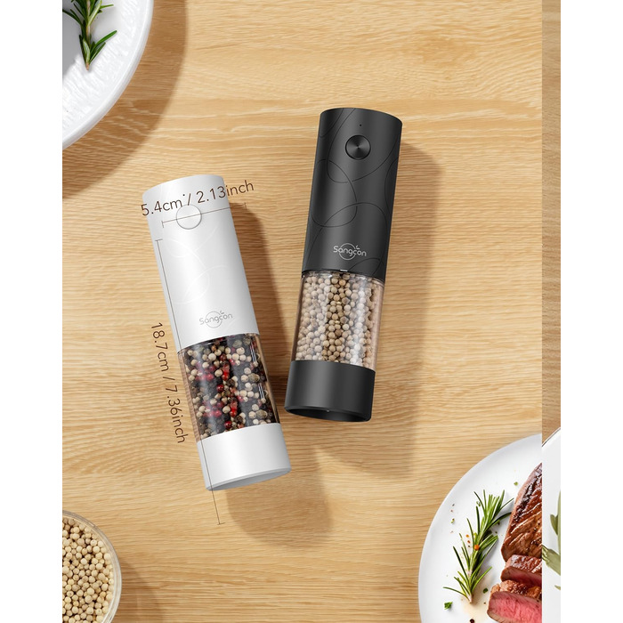 Електричні млини для солі та перцю Sangcon, 2 швидкості, перезаряджувані, 6 ступенів помелу, автоматичний набір з док-станцією, зручне використання (чорний)