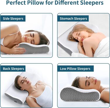 Подушка для шиї з Memory Foam для зняття болю, ортопедична подушка для сну, для сну на боці, спині, животі, біла & сіра