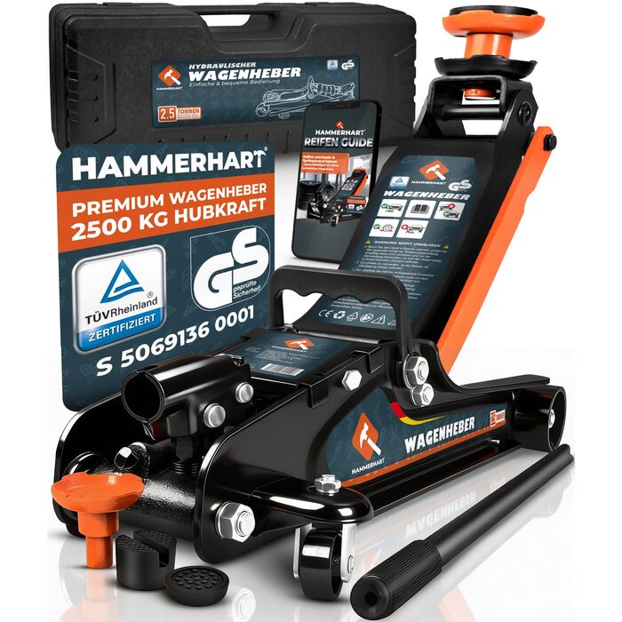 Гідравлічний домкрат HAMMERHART 3T з низьким профілем, 75-505мм, колеса 360°, подвійний поршень, гумові накладки, T-ручка - перевірена якість TÜV