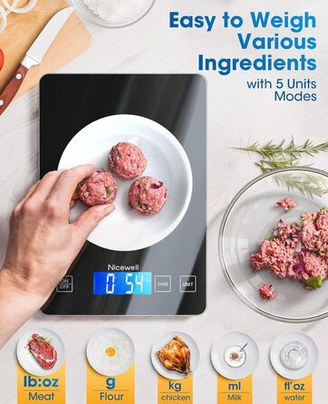 Кухонні ваги Nicewell Digital 10 кг, з точністю 1 г, для приготування їжі та випічки, скляна платформа