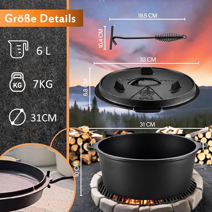 Нідерландський горщик (Dutch Oven): набір, чавунний котел з кришкою-підйомником, 2-в-1, 6 літрів, чорний, для приготування їжі на вулиці та вдома