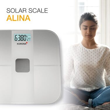 Сонячні ваги ALINA Ваги без батарейок Генерує енергію через сонячну панель Сталий розвиток Елегантні скляні ваги Вантажопідйомність 180 кг, поділ 100г Безпечне скло, 73165