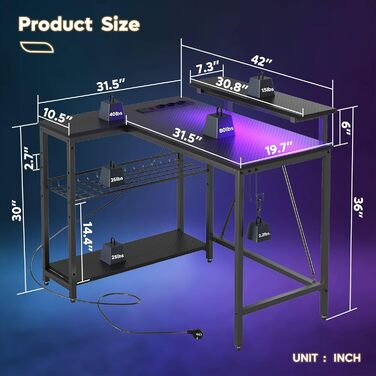 Ігровий кутовий стіл Bestier L-подібної форми з LED-підсвічуванням, розетками, 2 полицями та гачками – кутовий стіл для комп'ютера, офісу, спальні та геймінгу 106 x 80 см, 3D-вуглецеве волокно чорного кольору