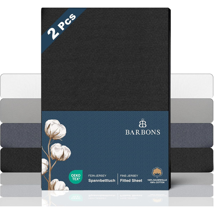 Простирадло BARBONS Premium Fitted Sheet 160x200 см сертифіковане Oeko-TEX, 100 бавовняне простирадло, трикотажне простирадло, простирадло, висота матраца до 25 см ( 160x200 2 шт. ) (Простирадло 140x200 см (2 шт. ), чорне)