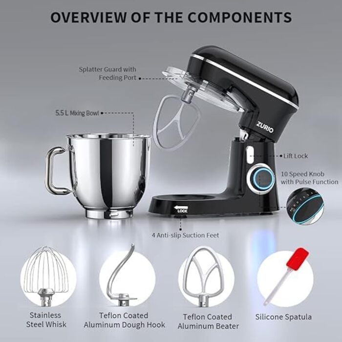 Кухонна машина Zurio 5.5L: потужний міксер-планетарний з 10 швидкостями, 1300W, з набором аксесуарів (крюк для тіста, вінчик)