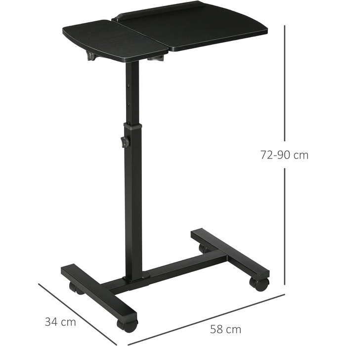 Мобільний бічний стіл Підставка для ноутбука з колесами Стіл для ноутбука Регульований по висоті поворотний бічний столик для офісу Вітальні Чорний 58 x 34 x 72-90 см