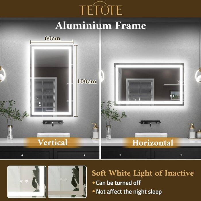 Дзеркало для ванної кімнати TETOTE з підсвічуванням 90x90 см, без рами, LED-touch, 3 кольори, регулювання яскравості, пам'ять (60x100 см)
